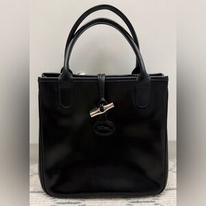 LONGCHAMP Vintage Y2K Mini Roseau Black Leather Tote Bag W/ Bamboo Toggle Silver